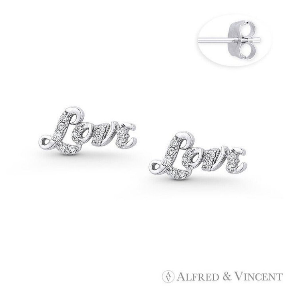 "Love" Script CZ Crystal Stud Earrings in .925 Sterling Silver w/ Rhodium